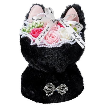 【ソープフラワー】松野ホビー/7輪ファーブラックキャットスタンドブーケ ピンク/GM-5855