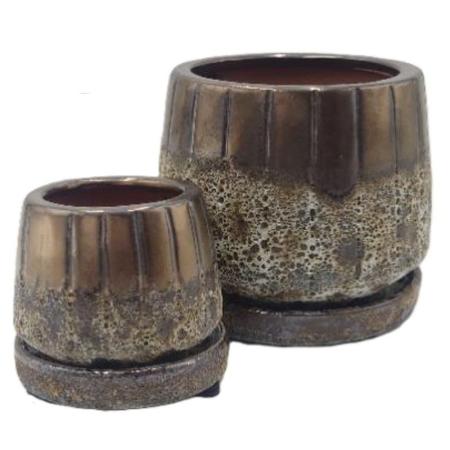 特価◎丸滉製陶/6.5号 つぼ型たて筋 受皿付/HA-4771-BZ(2/Set)