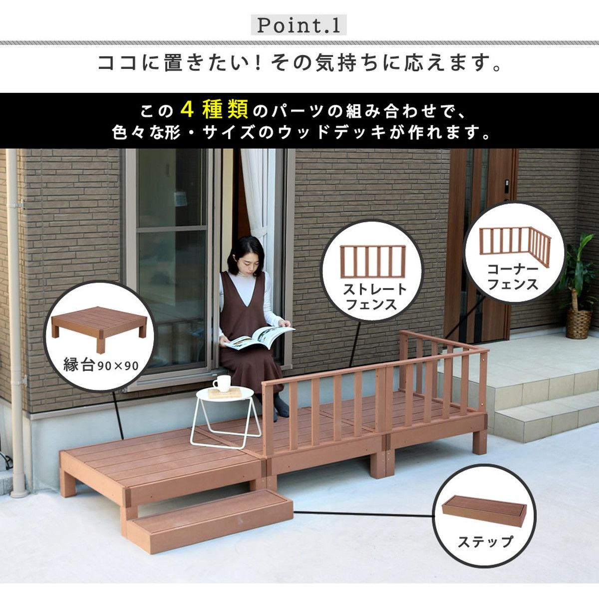特価◎【直送】住まいスタイル/人工木ウッドデッキ ecofeel(エコフィール)3台 ステップセット ダークブラウン