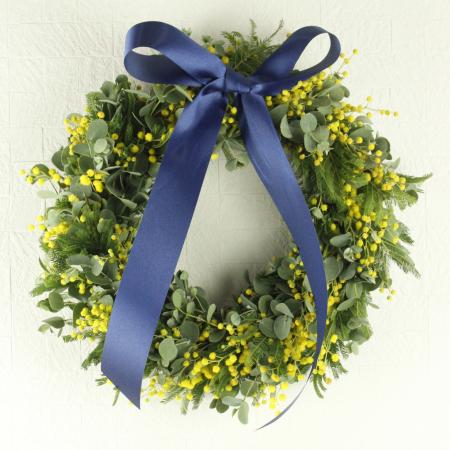 生花】国産ミモザのリースキット☆ブルーリボン<巻き付けタイプ> - 花 