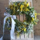 生花】季節のフラワーセット:ミモザとグリーンのざっくりリース 【早