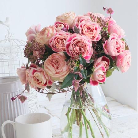 【生花】季節のフラワーセット:いちごミルクのようなバラのブーケ